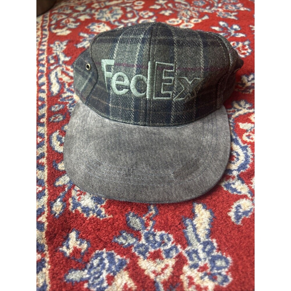 Rare FedEx Adjustable Wool Plaid Hat One Size Grey Green Eclipse Caps
